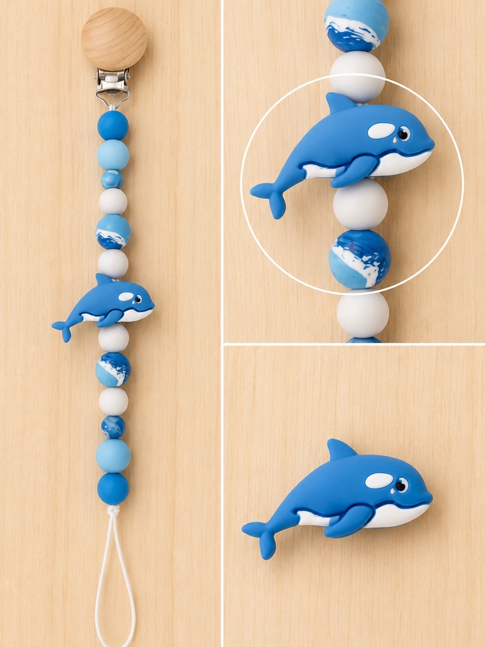 Blue Dolphin Beaded Pacifier Clip